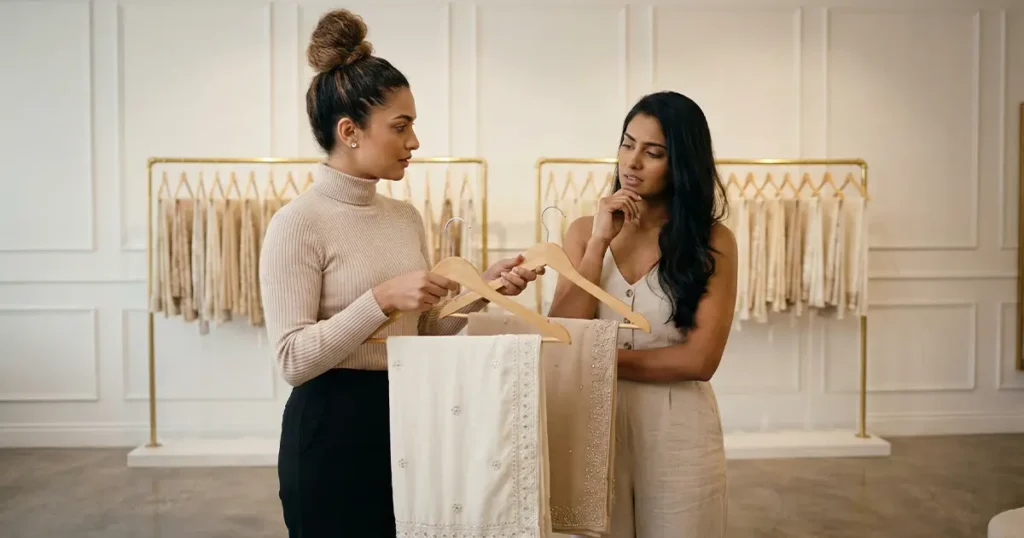 Bridal consultant showing an off-white saree, illustrating essential bridal saree shopping tips