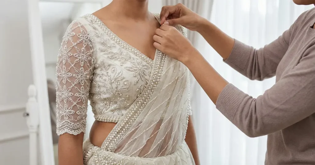 A bride getting a custom pearl-embroidered wedding saree fitted at one of the top bridal saree shops in Colombo