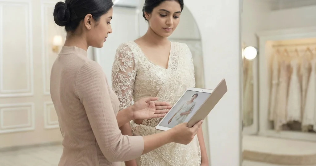 Expert consultant at Lassana Saree boutique helping a bride-to-be on how to choose a bridal saree using a digital tablet.