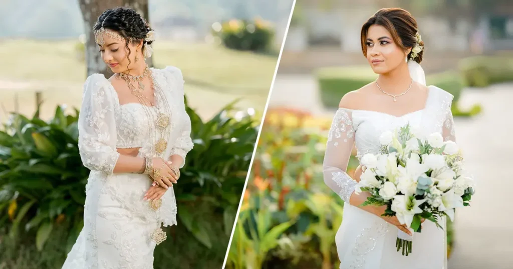 A split image showing modern Kandyan and modern Indian bridal styles available at the best bridal saree shops in Colombo