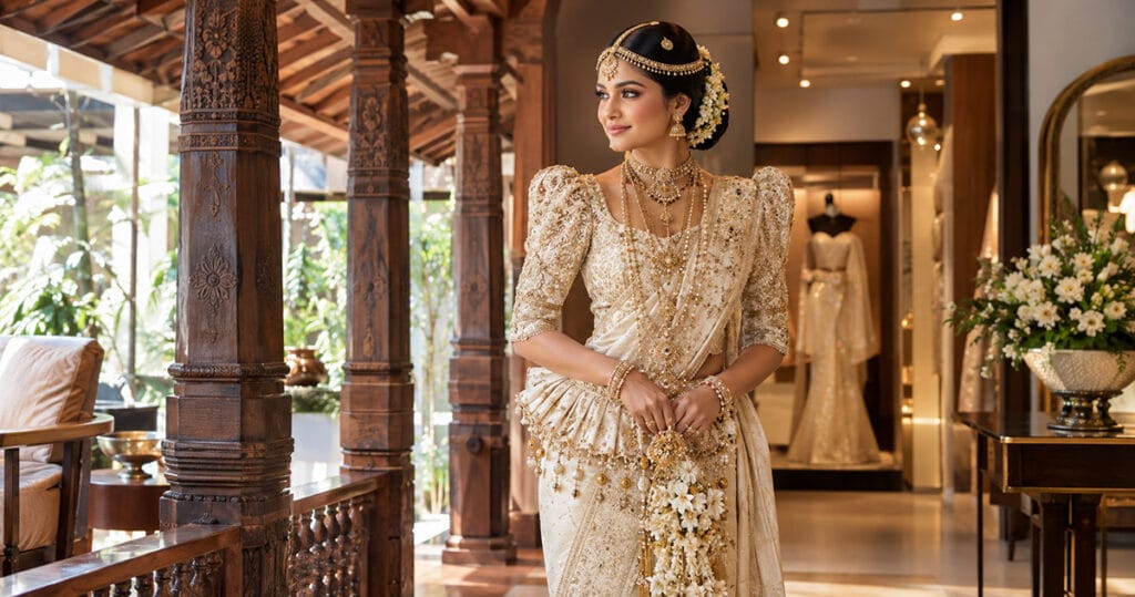 Traditional Kandyan Saree (Osariya) showcasing Sri Lankan bridal heritage and intricate designs by Lassana Saree